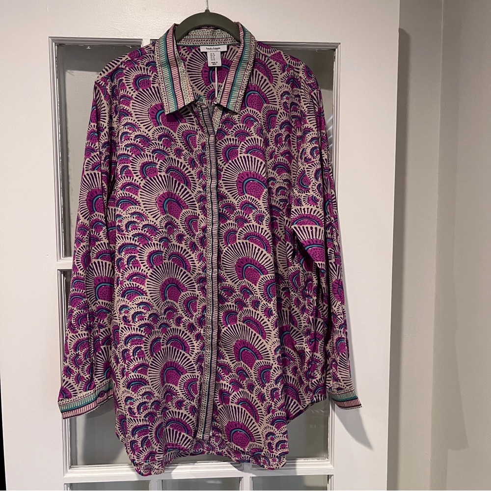 NWT HAUTE HIPPIE Button Up Long Sleeve Semi Sheer Top Blouse Purple Pink Tan XL